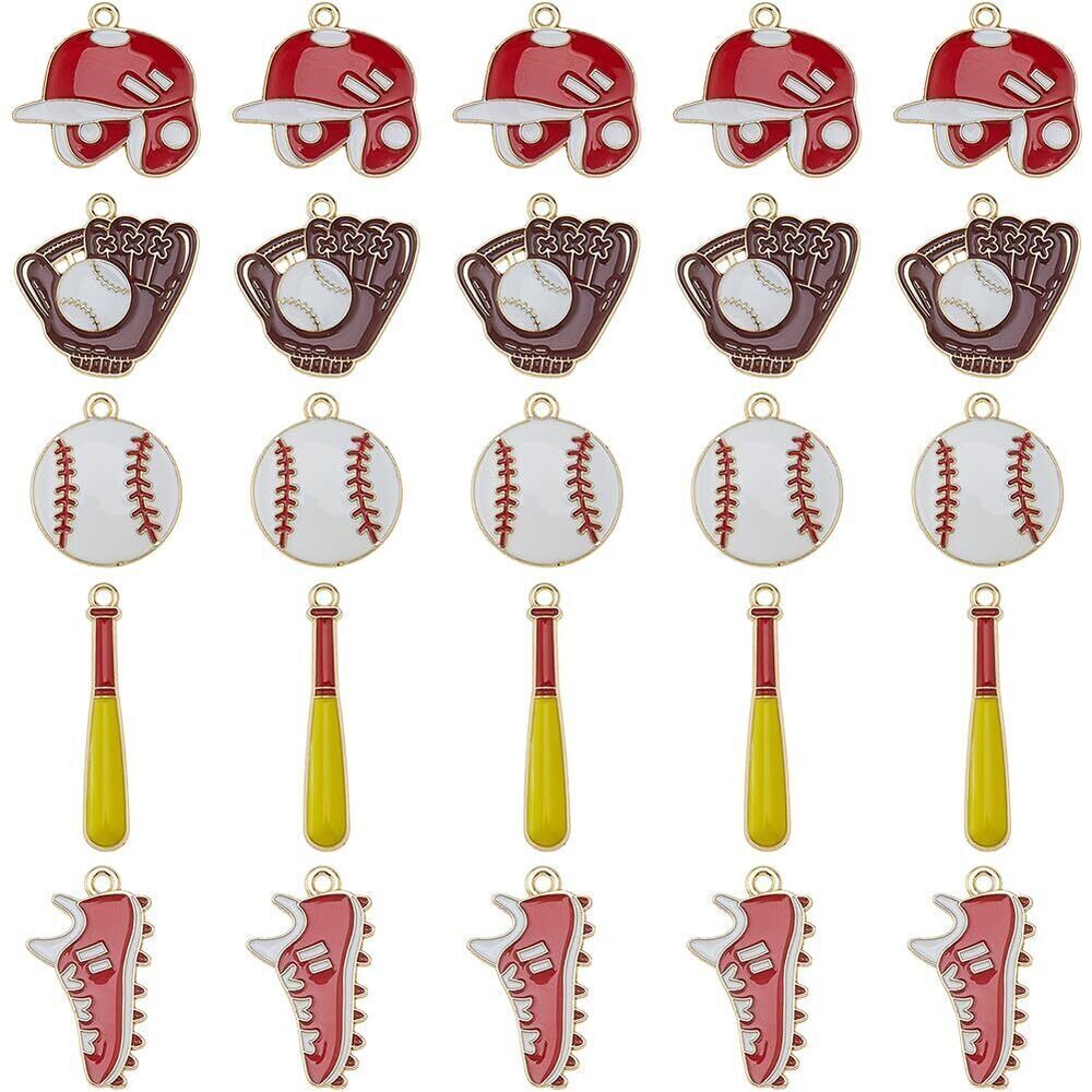 9273 50Pcs 5 Styles Sport Charm Bulk Baseball Theme Charm Alloy Enamel
